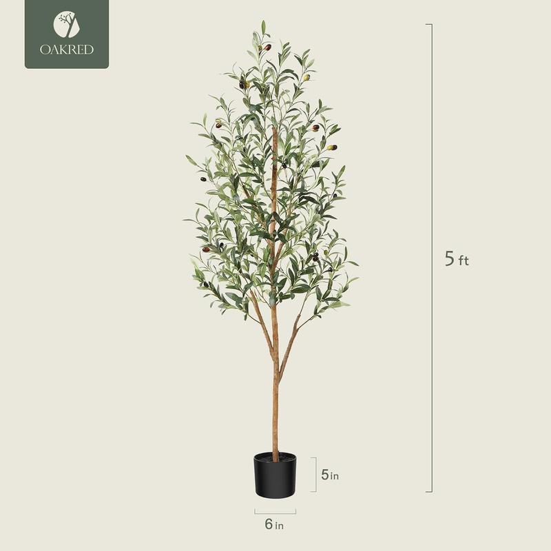 Artificial Olive Tree 5ft, Lush Faux Olive Tree for Indoor with Natural Wood Trunk and Lifelike Fruits, Silk Tall Fake Olive Tree for Home Decor Office Living Room, 2Pcs indoor plants decorating