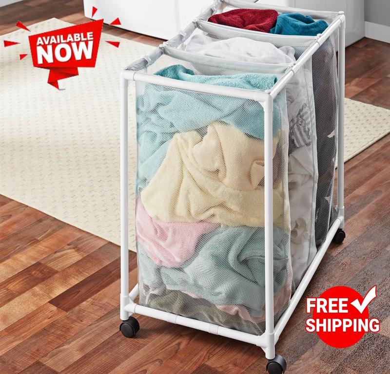 M.a.i.n.s..t.a..y.s 3 Bag Mesh Rolling Sorter Laundry Cart, Soft Silver Basket Smooth Drawstring Organiser Light