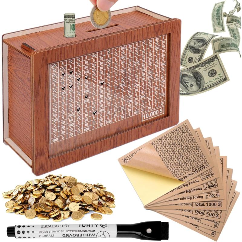 Wooden Cash Vault for 10000 5000 3000 2000 1000 500 Currency Saving Challenge - Durable Piggy Bank with Dry Erase Pen for Adult Savings