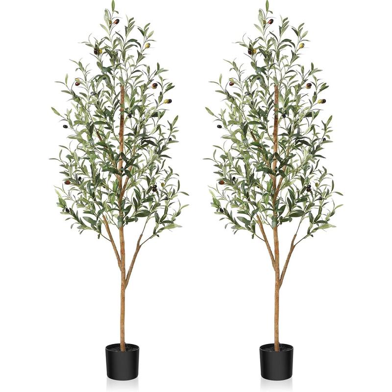 Artificial Olive Tree 5ft, Lush Faux Olive Tree for Indoor with Natural Wood Trunk and Lifelike Fruits, Silk Tall Fake Olive Tree for Home Decor Office Living Room, 2Pcs indoor plants decorating