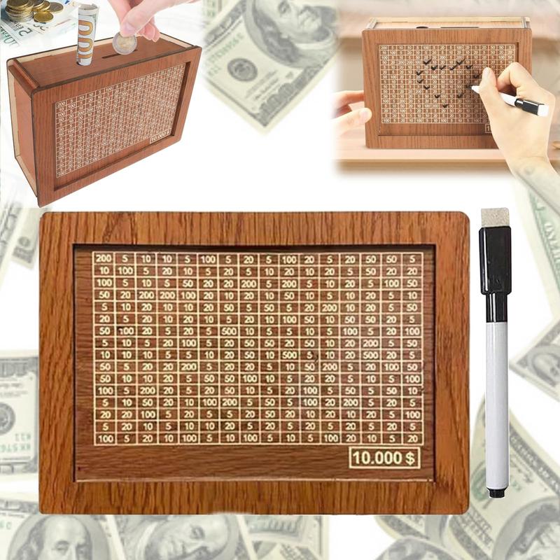 $10000 Cash Vault Wooden Savings Box, 2024 New Wooden Cash Saver Money Box, Cash Saver Box, Coin Counter Piggy Bank, Money Box with Counter, Wooden Money Box with Money Target and Numbers