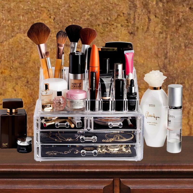 Clear Makeup Organizer - Cosmetic Storage Organizer - 16 Compartments - Easily Sort Make Up & Jewelry - 4 Drawer Vanity Organizer - Elegant Look - Transparent Design - Makeup Holder