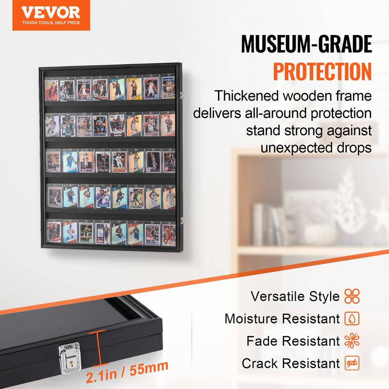 VEVOR 35 Graded Sports Card Display Case, 24.3x30.5x2.1 in, Baseball Card Display Frame with 98% UV Protection Clear View PC Glass, Lockable Wall Cabinet for Football Basketball Hockey Trading Card Organiser Racks