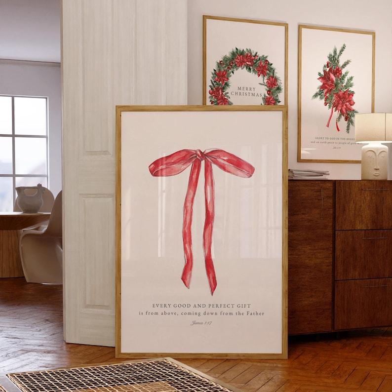 Every Good And Perfect Gift Is From Above Minimalist Holiday Decor Red Bow Coquette Christmas Wall Art Girly Bible Verse Poster Gospel Print