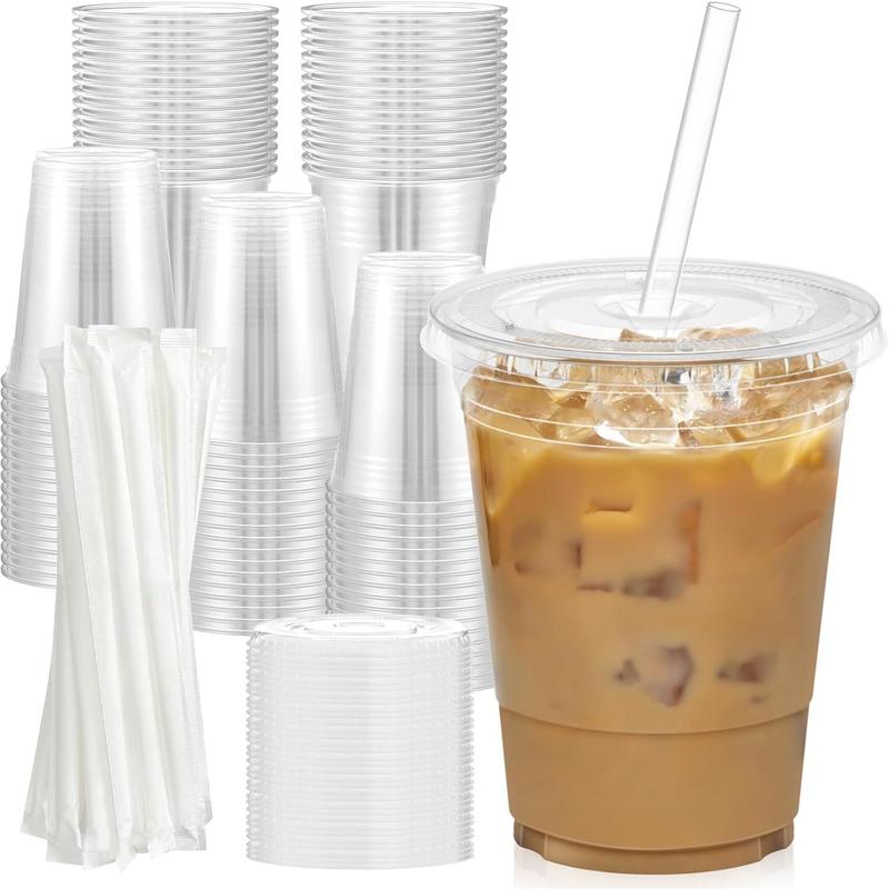 100 count - 16 oz Clear Plastic Cups with Lids and Straws, Sturdy & Food Safe Iced Coffee Cups with lids, Iced Coffee Cup, Disposable Cups Plastic Coffee Cups Smoothie Cups for Cold Drinks