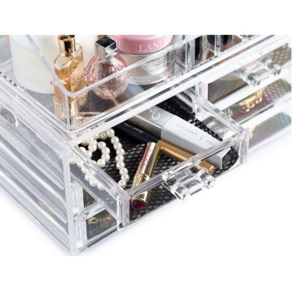 Clear Makeup Organizer - Cosmetic Storage Organizer - 16 Compartments - Easily Sort Make Up & Jewelry - 4 Drawer Vanity Organizer - Elegant Look - Transparent Design - Makeup Holder