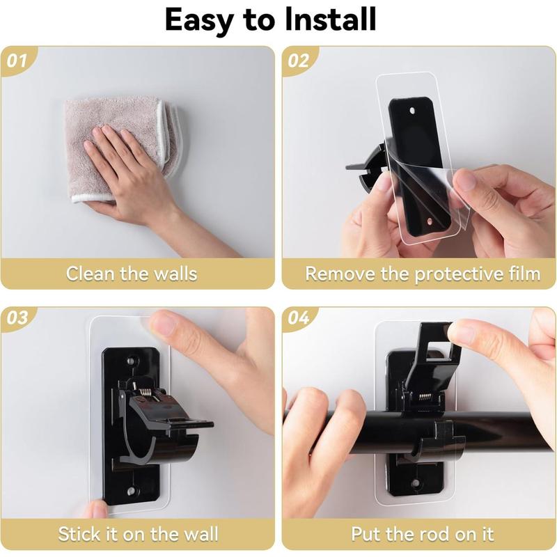 8PCS No Drill Curtain Rod Bracket, Self Adhesive Curtain Rod Holders, No Hole, Multipurpose Nail Free Curtain Rod Hooks for Bathroom Living Room Kitchen and Bedroom (Black)