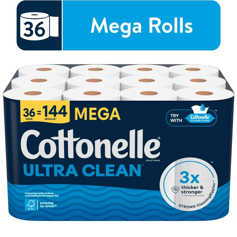 Cottonelle Ultra Clean Toilet Paper, Strong Toilet Tissue, 36 Mega Rolls