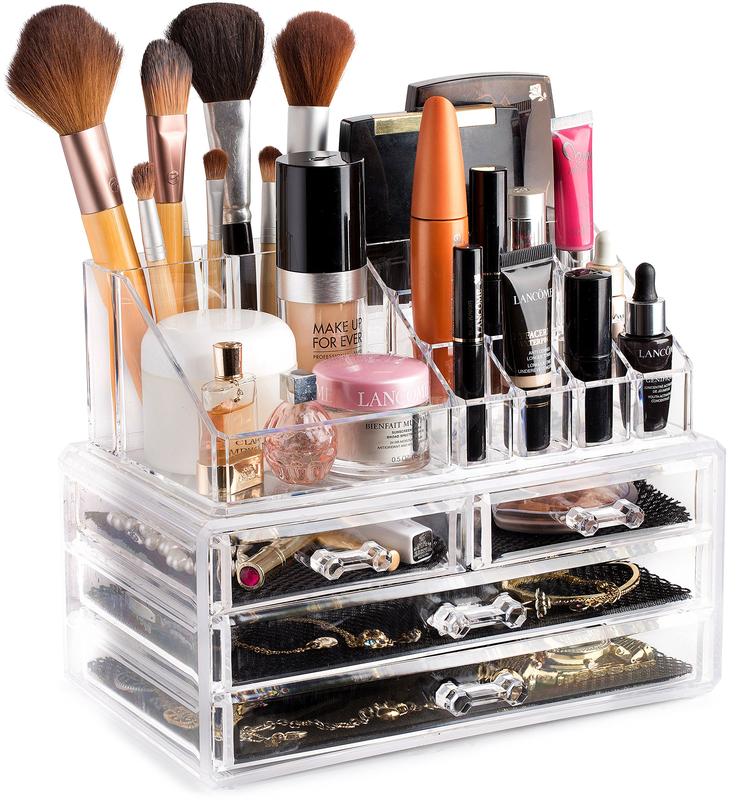 Clear Makeup Organizer - Cosmetic Storage Organizer - 16 Compartments - Easily Sort Make Up & Jewelry - 4 Drawer Vanity Organizer - Elegant Look - Transparent Design - Makeup Holder