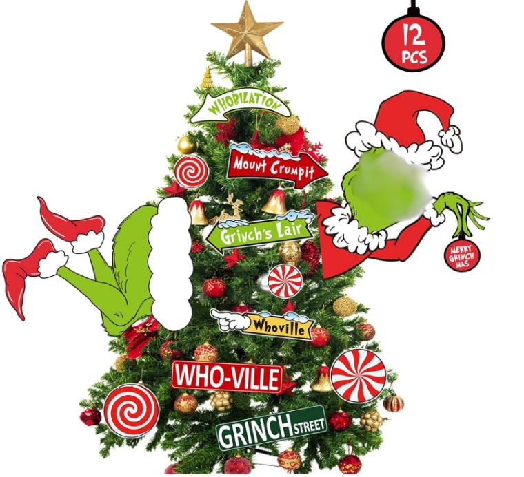 12 PCS Christmas Tree Topper,Funny Christmas Tree Ornaments Head Legs Signs,Christmas Grinchhh Decorations for Tree Home