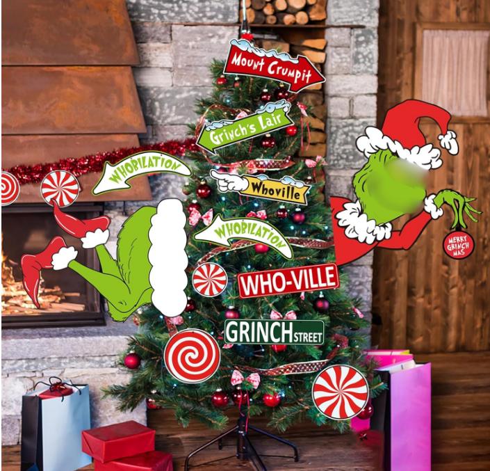 12 PCS Christmas Tree Topper,Funny Christmas Tree Ornaments Head Legs Signs,Christmas Grinchhh Decorations for Tree Home