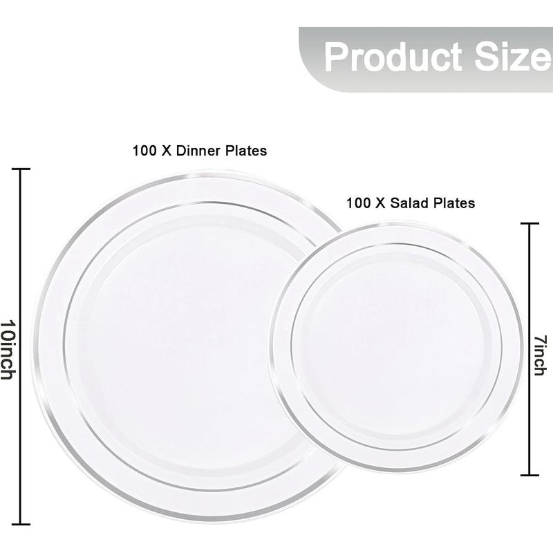 200 count Silver Plastic Plates - Disposable Party Plates, Silver Plates Disposable Include 100 Dinner Plates and 100 Elegant Dessert Plates, Plastic Plates for Party, Holiday & Wedding