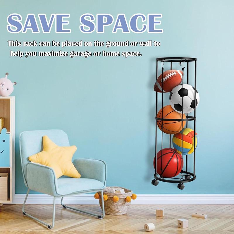 Sports Ball Storage Rack, 1 Count Vertical Ball Holder with Wheel, Rolling Basketball Holder, Garage Sports Ball Storage Rack for Indoor Rooms & Gyms