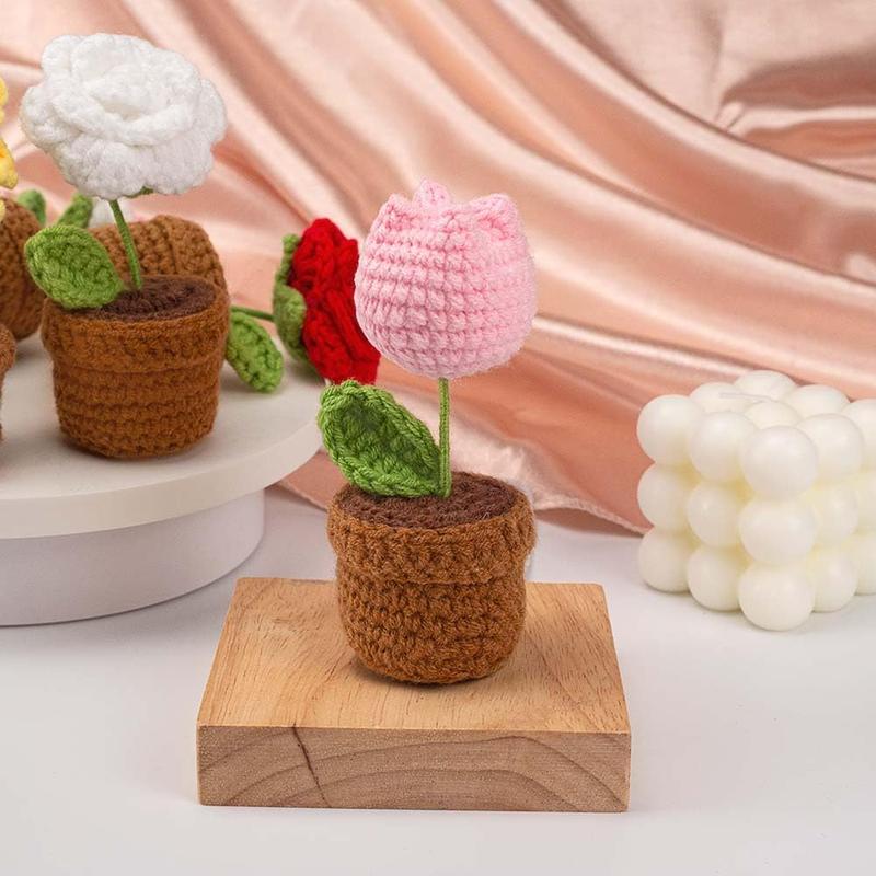 Handmade Crochet ,Small Potted Knitted Desk Decorations Home Decoration  Dashboard Decorations Crochet Artificial Flower (Tulips)