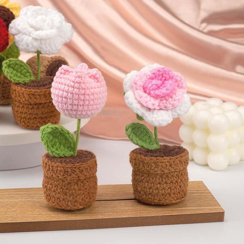 Handmade Crochet ,Small Potted Knitted Desk Decorations Home Decoration  Dashboard Decorations Crochet Artificial Flower (Tulips)