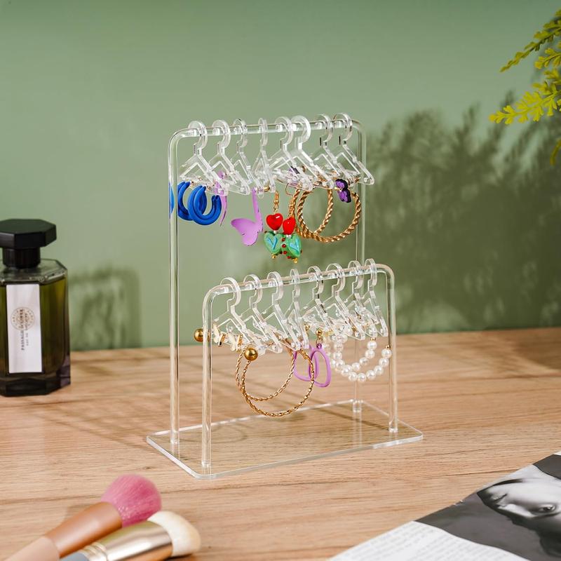 Acrylic Earring Holder, 1 Count Double-tiered Design Earring Display Stand with Cute Miniature Hangers, Home Organizer for Bathroom Dormitory Bedroom Hotel