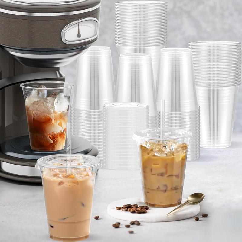 100 count - 16 oz Clear Plastic Cups with Lids and Straws, Sturdy & Food Safe Iced Coffee Cups with lids, Iced Coffee Cup, Disposable Cups Plastic Coffee Cups Smoothie Cups for Cold Drinks