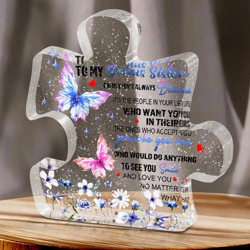 Butterfly & Letter Pattern Puzzle Shaped Acrylic Plaque, 1 Count Creative Desktop Ornament, Gift for Sister, Sister Gifts from Sister