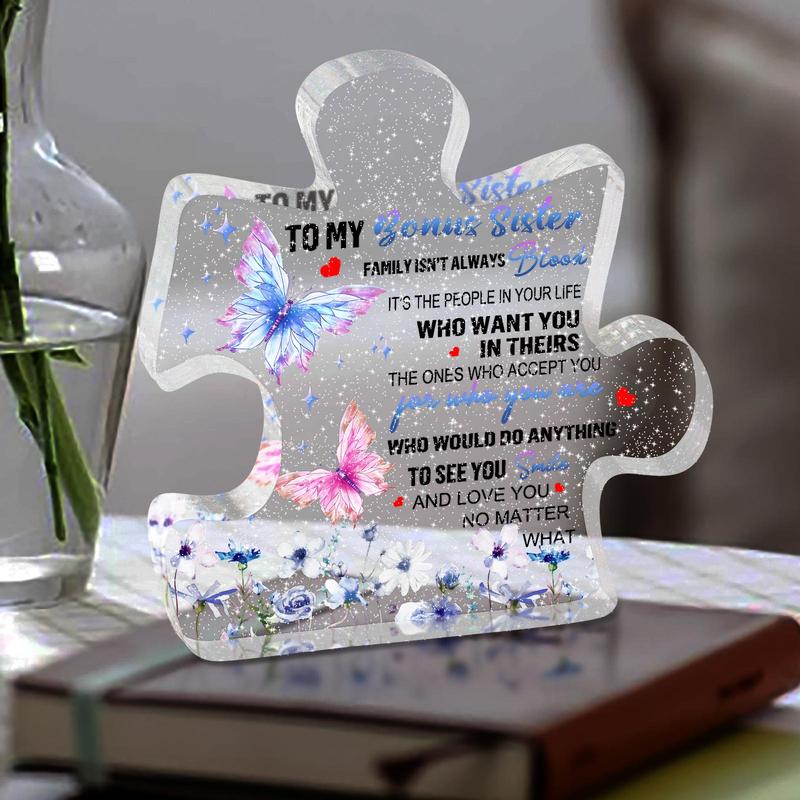 Butterfly & Letter Pattern Puzzle Shaped Acrylic Plaque, 1 Count Creative Desktop Ornament, Gift for Sister, Sister Gifts from Sister