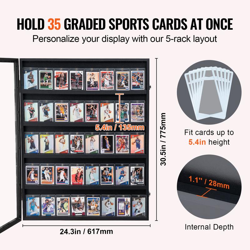 VEVOR 35 Graded Sports Card Display Case, 24.3x30.5x2.1 in, Baseball Card Display Frame with 98% UV Protection Clear View PC Glass, Lockable Wall Cabinet for Football Basketball Hockey Trading Card Organiser Racks