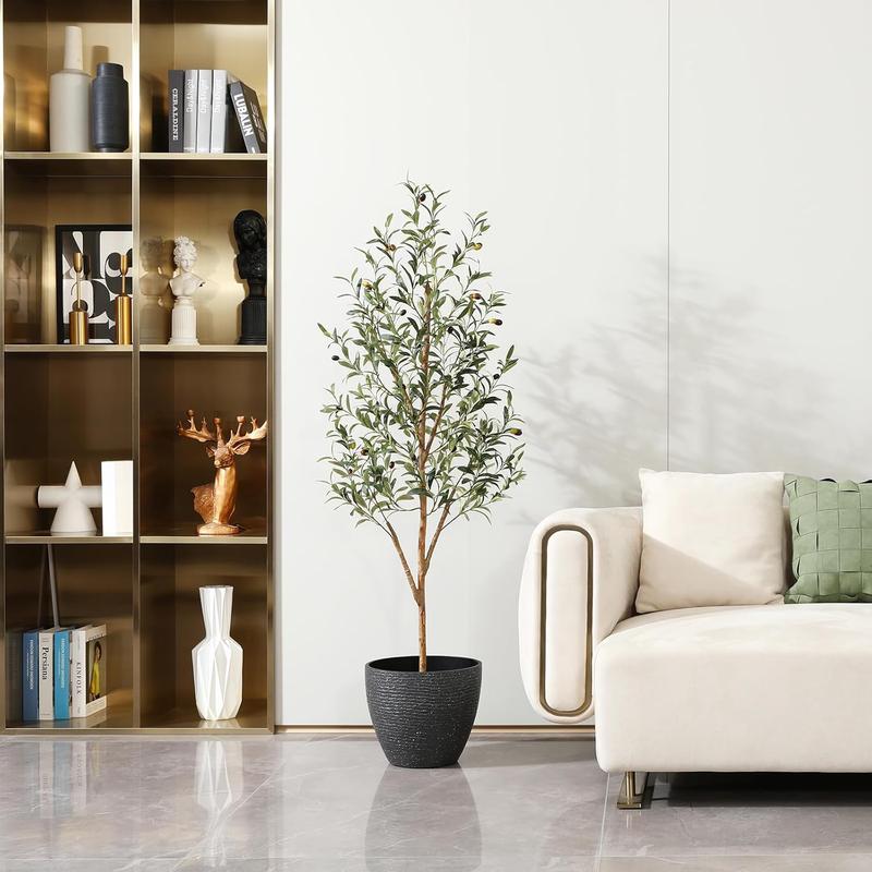 Artificial Olive Tree 5ft, Lush Faux Olive Tree for Indoor with Natural Wood Trunk and Lifelike Fruits, Silk Tall Fake Olive Tree for Home Decor Office Living Room, 2Pcs indoor plants decorating