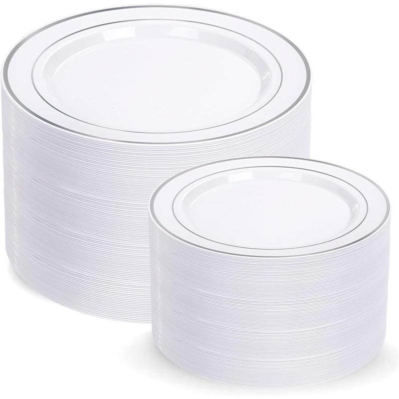 200 count Silver Plastic Plates - Disposable Party Plates, Silver Plates Disposable Include 100 Dinner Plates and 100 Elegant Dessert Plates, Plastic Plates for Party, Holiday & Wedding