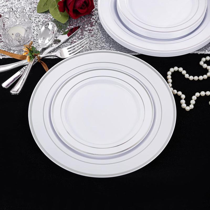 200 count Silver Plastic Plates - Disposable Party Plates, Silver Plates Disposable Include 100 Dinner Plates and 100 Elegant Dessert Plates, Plastic Plates for Party, Holiday & Wedding