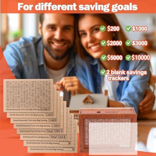 Wooden Cash Vault for 10000 5000 3000 2000 1000 500 Currency Saving Challenge - Durable Piggy Bank with Dry Erase Pen for Adult Savings