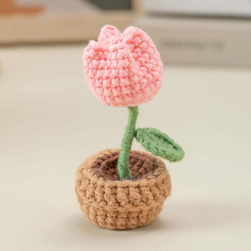 Handmade Crochet ,Small Potted Knitted Desk Decorations Home Decoration  Dashboard Decorations Crochet Artificial Flower (Tulips)