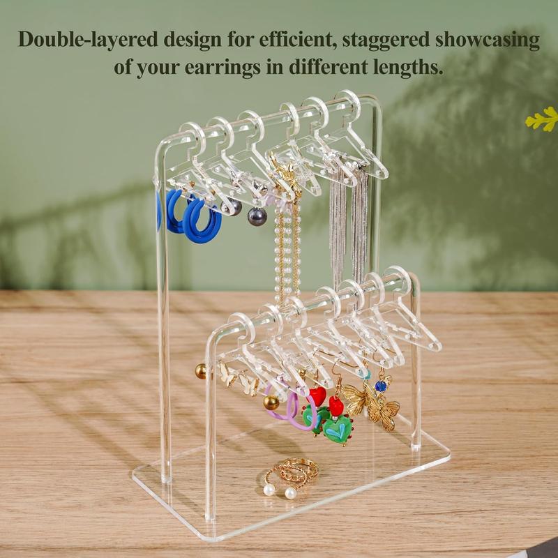 Acrylic Earring Holder, 1 Count Double-tiered Design Earring Display Stand with Cute Miniature Hangers, Home Organizer for Bathroom Dormitory Bedroom Hotel