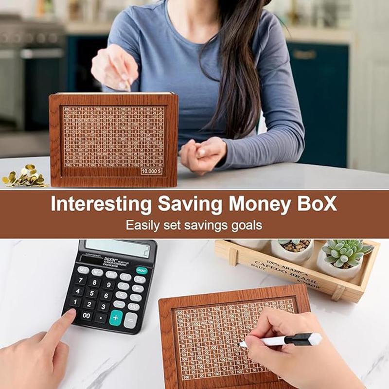 $10000 Cash Vault Wooden Savings Box, 2024 New Wooden Cash Saver Money Box, Cash Saver Box, Coin Counter Piggy Bank, Money Box with Counter, Wooden Money Box with Money Target and Numbers