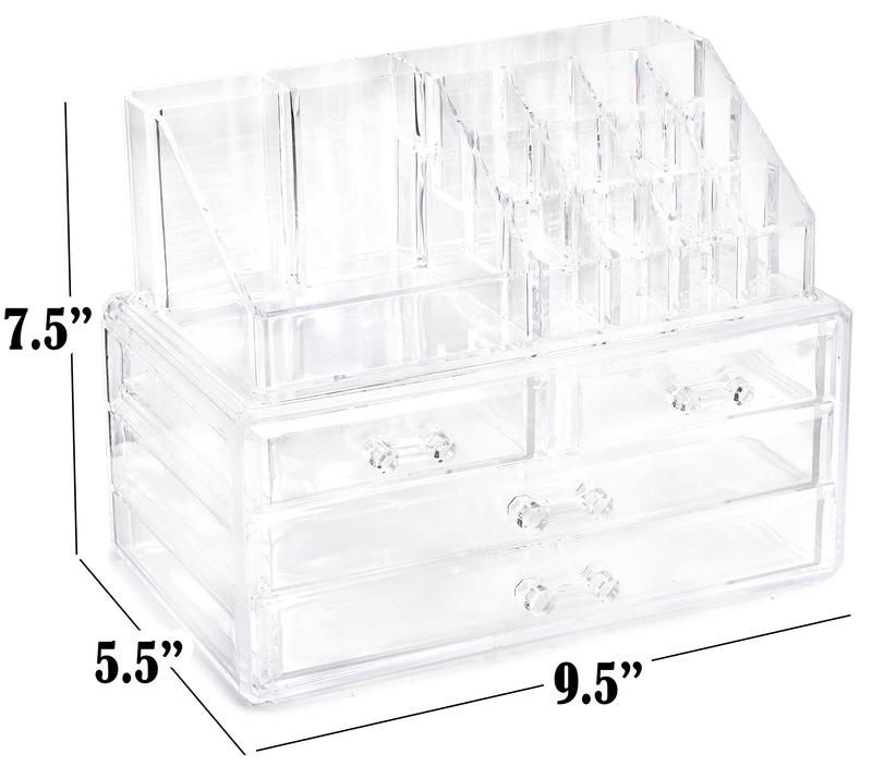 Clear Makeup Organizer - Cosmetic Storage Organizer - 16 Compartments - Easily Sort Make Up & Jewelry - 4 Drawer Vanity Organizer - Elegant Look - Transparent Design - Makeup Holder