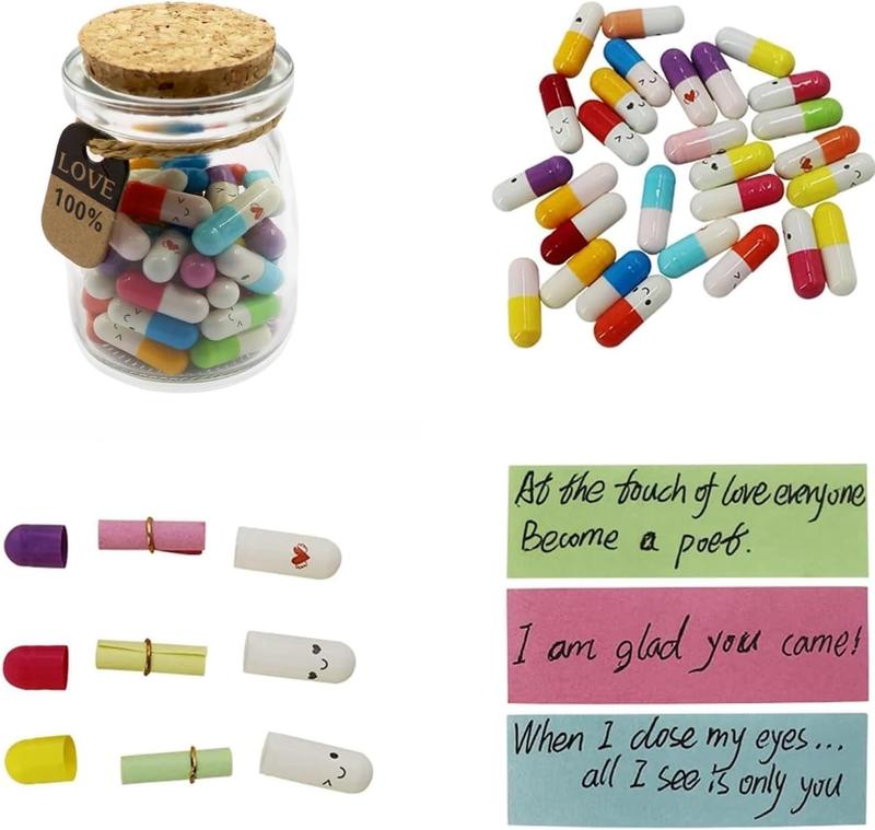 50Pcs Capsule Letters in Glass Bottles with Cute Smiling Face Emojis, Love and Friendship Message Pills for Boyfriend Girlfriend Lovers Family