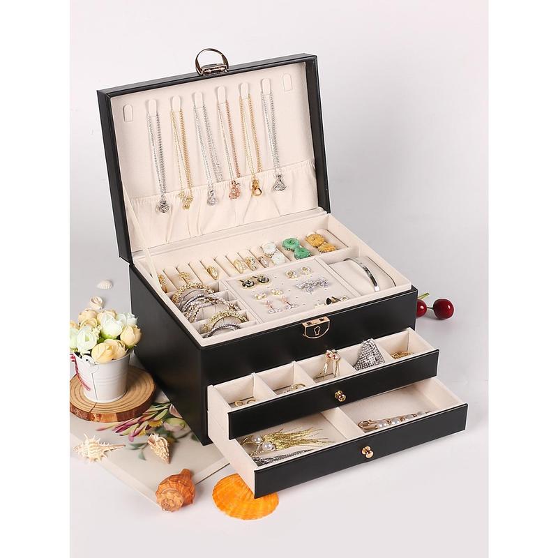 3-layer Jewelry Box With Lock, Jewelry Organizer For Necklaces, Rings, Earrings Display