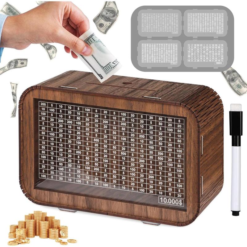 4-in-1 Piggy Bank for Adults - Fully Assembled Wooden Money Saving Challenge Box($1000 $3000 $5000 $10000) - Money Bank with Counter and Dry Erase Pen - Money Box for Cash Coin - Best Gifts