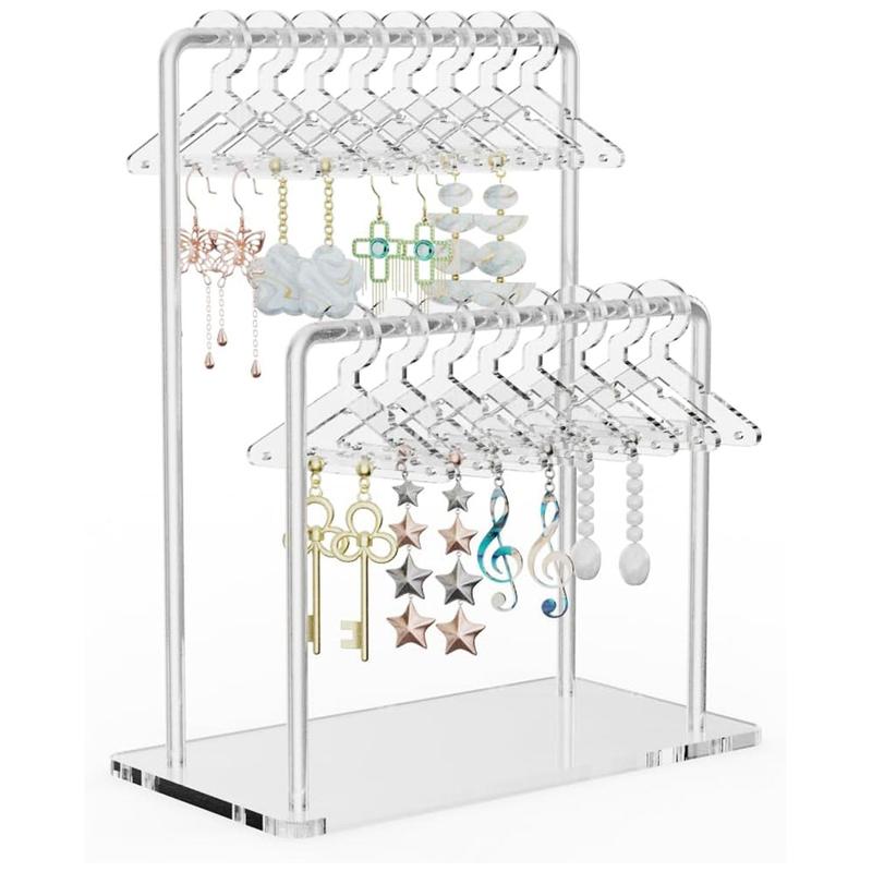 Acrylic Earring Holder, 1 Count Double-tiered Design Earring Display Stand with Cute Miniature Hangers, Home Organizer for Bathroom Dormitory Bedroom Hotel