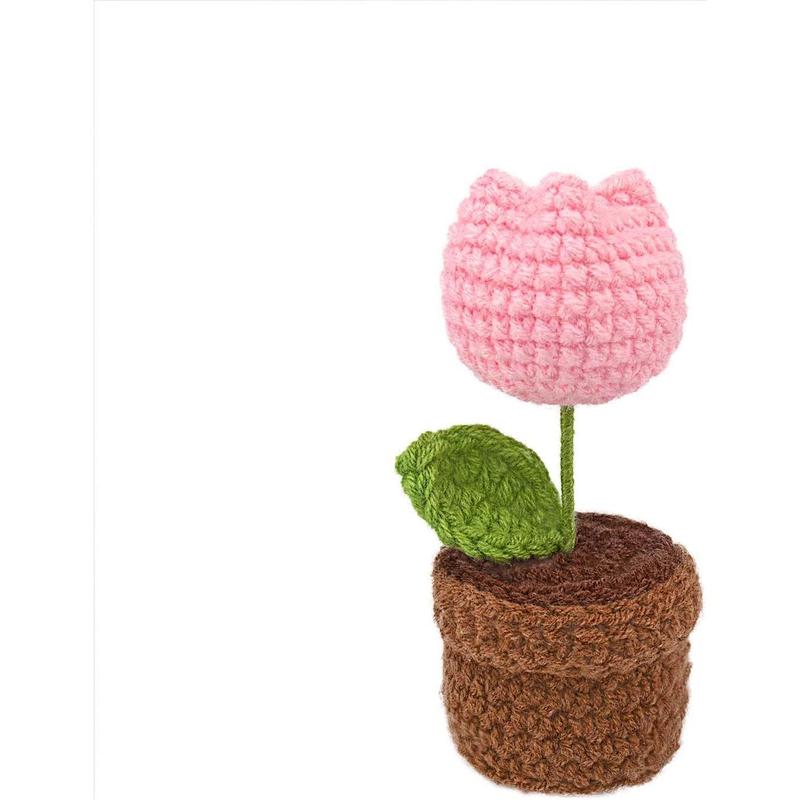 Handmade Crochet ,Small Potted Knitted Desk Decorations Home Decoration  Dashboard Decorations Crochet Artificial Flower (Tulips)