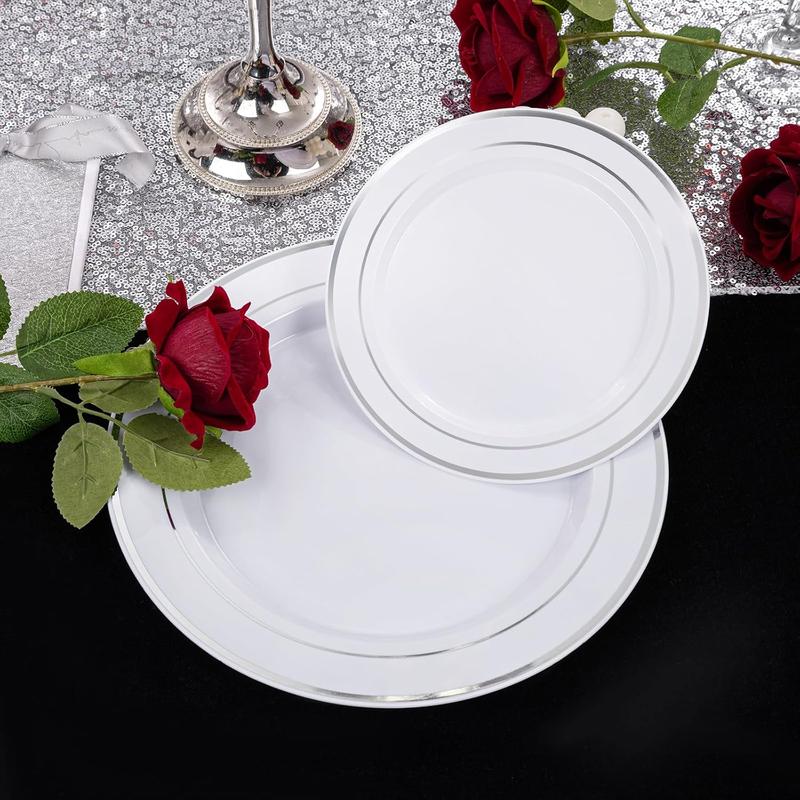 200 count Silver Plastic Plates - Disposable Party Plates, Silver Plates Disposable Include 100 Dinner Plates and 100 Elegant Dessert Plates, Plastic Plates for Party, Holiday & Wedding