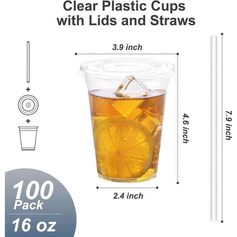 100 count - 16 oz Clear Plastic Cups with Lids and Straws, Sturdy & Food Safe Iced Coffee Cups with lids, Iced Coffee Cup, Disposable Cups Plastic Coffee Cups Smoothie Cups for Cold Drinks