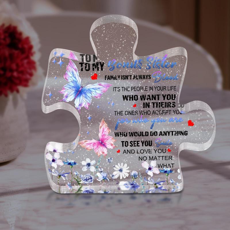 Butterfly & Letter Pattern Puzzle Shaped Acrylic Plaque, 1 Count Creative Desktop Ornament, Gift for Sister, Sister Gifts from Sister