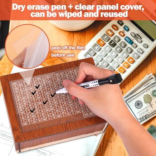 Wooden Cash Vault for 10000 5000 3000 2000 1000 500 Currency Saving Challenge - Durable Piggy Bank with Dry Erase Pen for Adult Savings