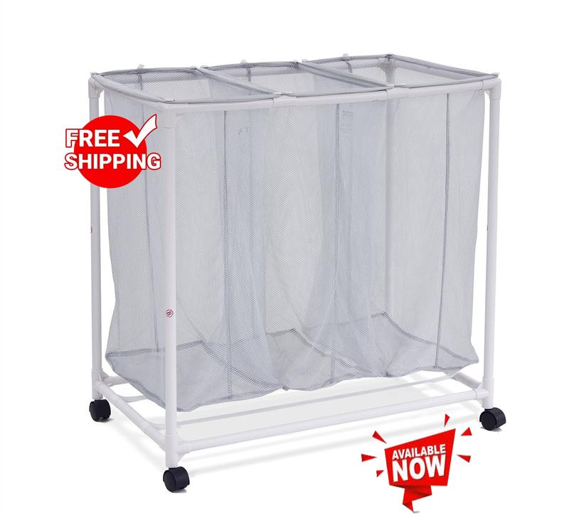 M.a.i.n.s..t.a..y.s 3 Bag Mesh Rolling Sorter Laundry Cart, Soft Silver Basket Smooth Drawstring Organiser Light