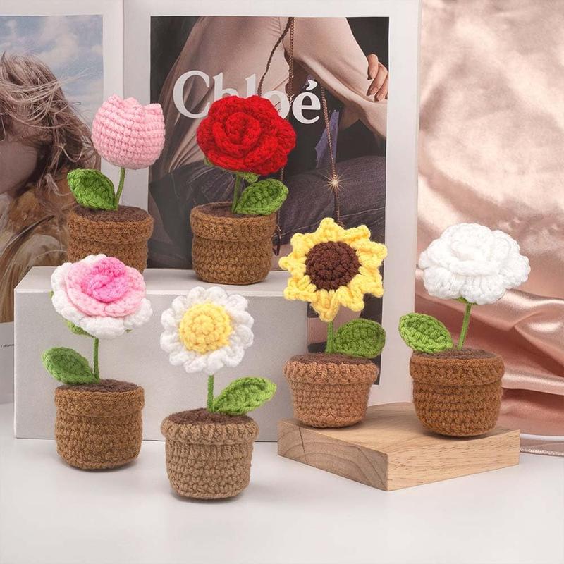 Handmade Crochet ,Small Potted Knitted Desk Decorations Home Decoration  Dashboard Decorations Crochet Artificial Flower (Tulips)