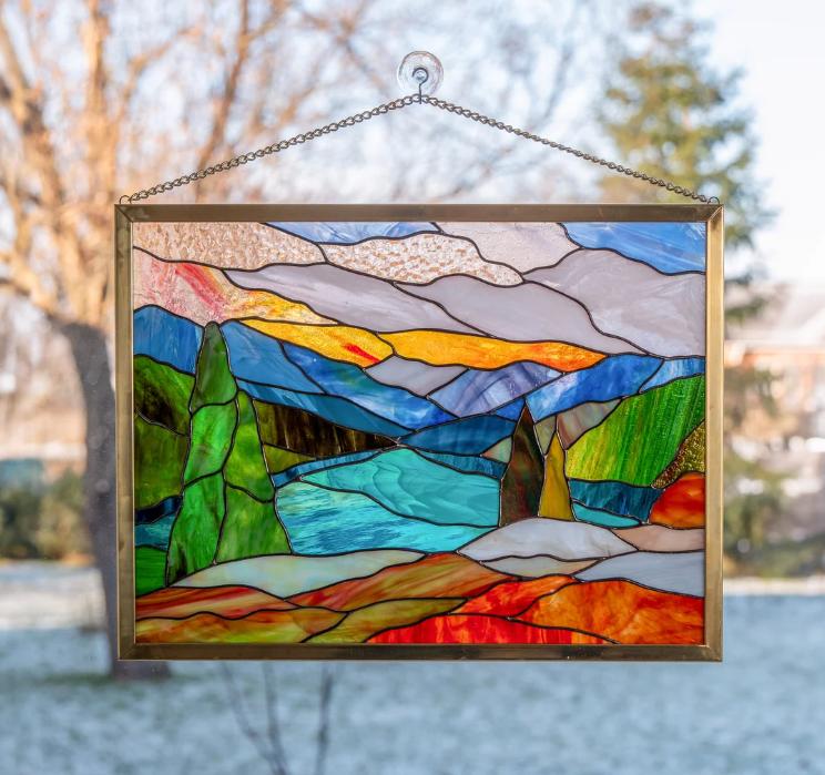 Blue Ridge Mountains Stained Glass Window Hanging – North Carolina Art, Mountain Stained Glass Panel, Custom Stained Glass, Perfect Christmas Gift