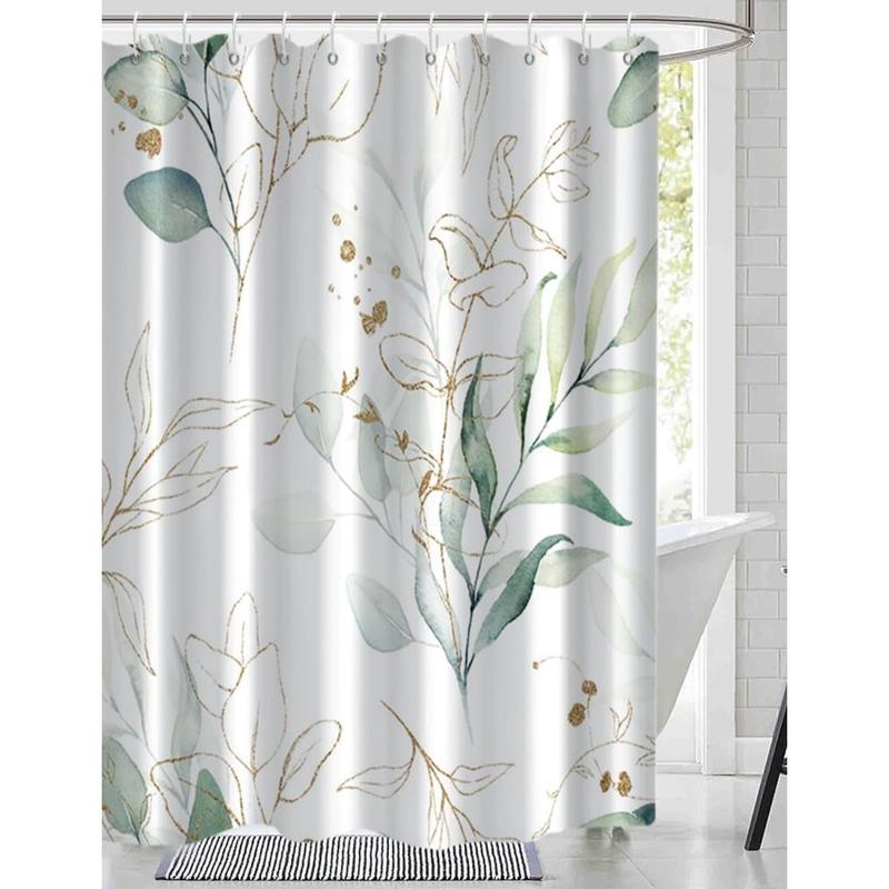 Sage Green Eucalyptus Shower Curtain, Spring Plant Leaves Shower Curtain Waterproof Fabric Watercolor Green and Gold Shower Curtain Set with Hooks, 72x72 Inch