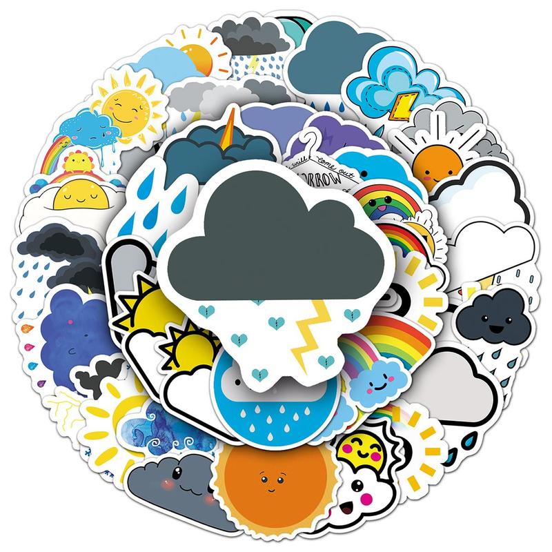 50pcs Set Random Color Cartoon Weather Pattern Sticker, Waterproof Self Adhesive Decor Paper, Decor Sticker for Gift Greeting Card Water Bottle Laptop Phone