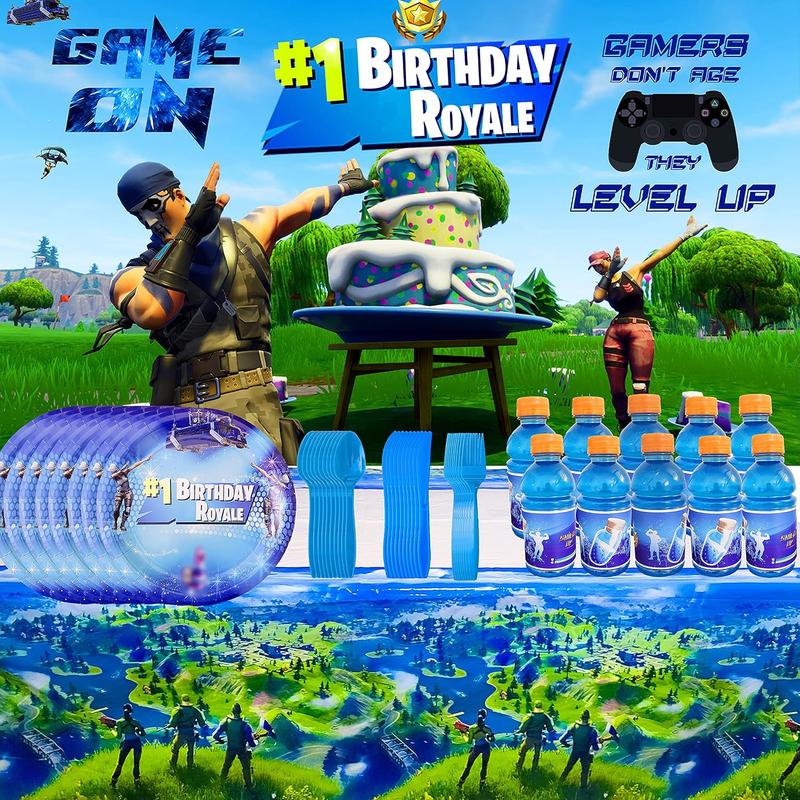 Gaming Party Supplies Birthday Decoration Set 142 Pack - Balloons, Toppers, Bottle Stickers Labels, Stickers, Wall Poster, Banner Video Game Themed & More