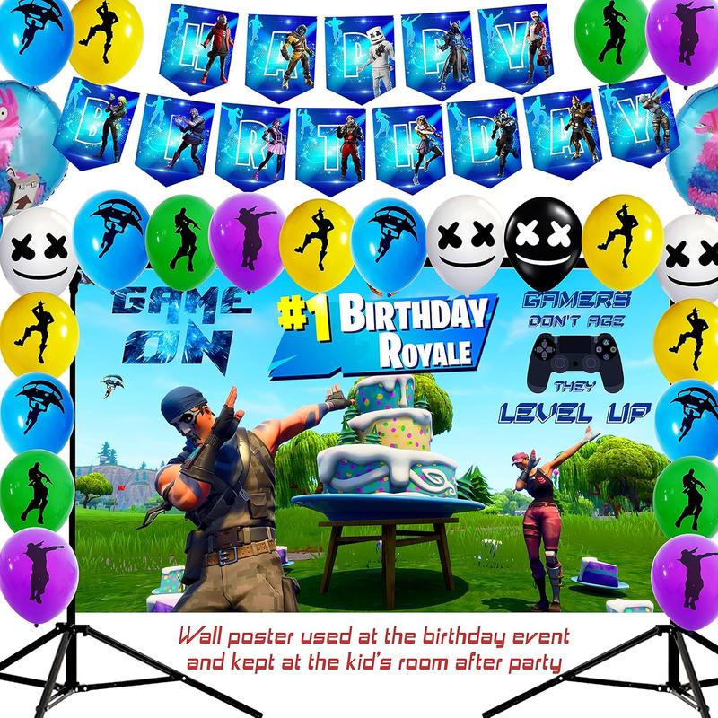 Gaming Party Supplies Birthday Decoration Set 142 Pack - Balloons, Toppers, Bottle Stickers Labels, Stickers, Wall Poster, Banner Video Game Themed & More