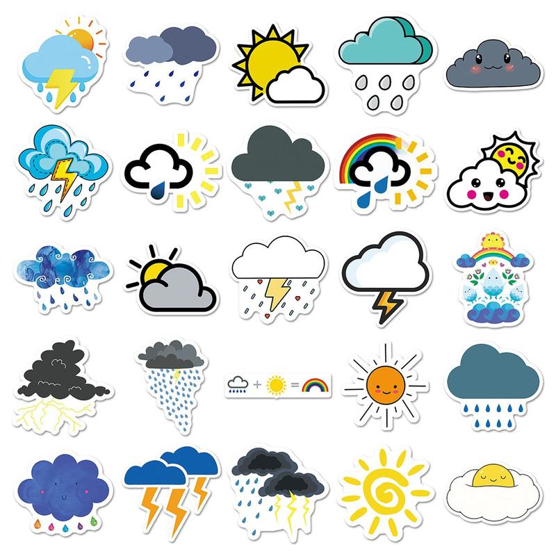 50pcs Set Random Color Cartoon Weather Pattern Sticker, Waterproof Self Adhesive Decor Paper, Decor Sticker for Gift Greeting Card Water Bottle Laptop Phone