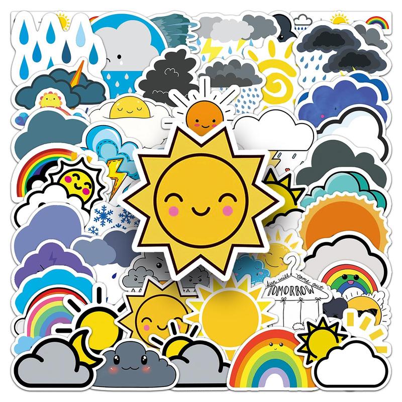 50pcs Set Random Color Cartoon Weather Pattern Sticker, Waterproof Self Adhesive Decor Paper, Decor Sticker for Gift Greeting Card Water Bottle Laptop Phone